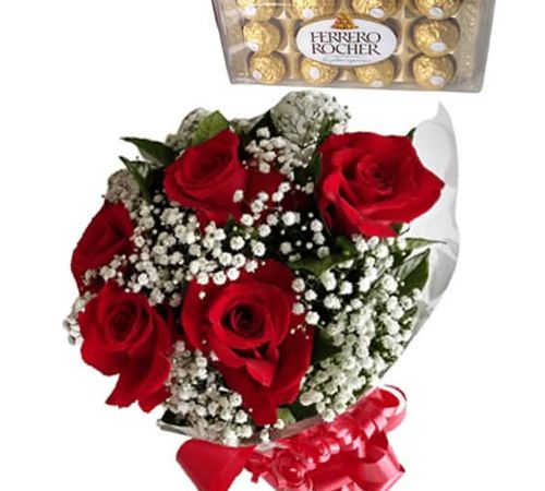 Buquê 5 Rosas Colombianas e Ferrero Rocher