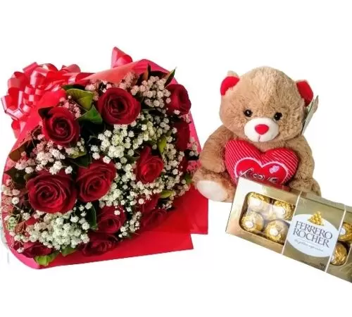 Combo Buquê 10 Rosas + Pelúcia + Ferrero Rocher