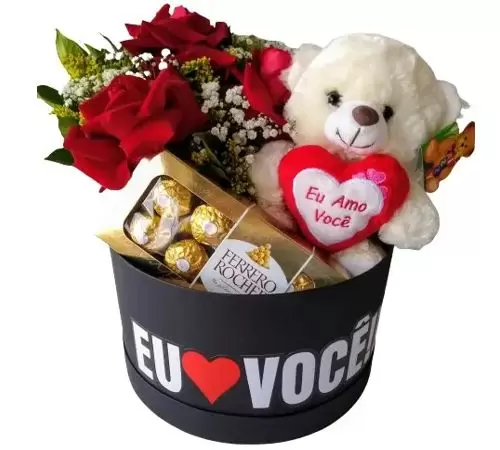 Caixa Amo Você - Arranjo, Ferrero Rocher e Pelúcia