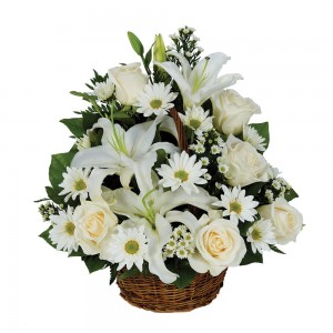 Cesta com Flores nobres brancas (Lírios , Gerberas, Rosas, Margaridas)