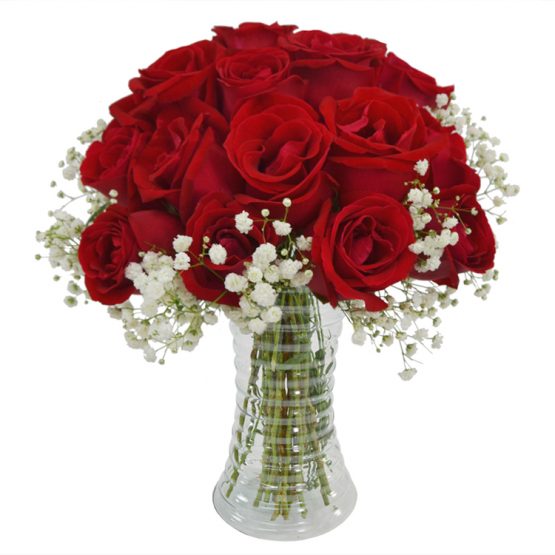 vaso com rosas vermelhas + gipsophila